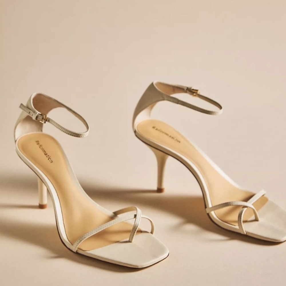 Reformation Gigi Strappy Mid-Heel Sandals in Cream